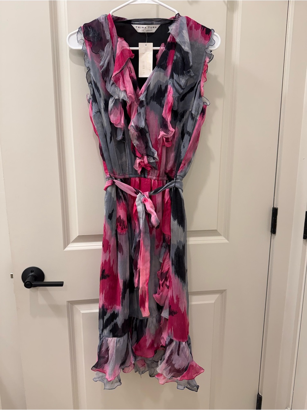 Trina Turk Scottie Silk Ruffle Wrap Midi Dress Pink Grey Abstract Print NWT 2